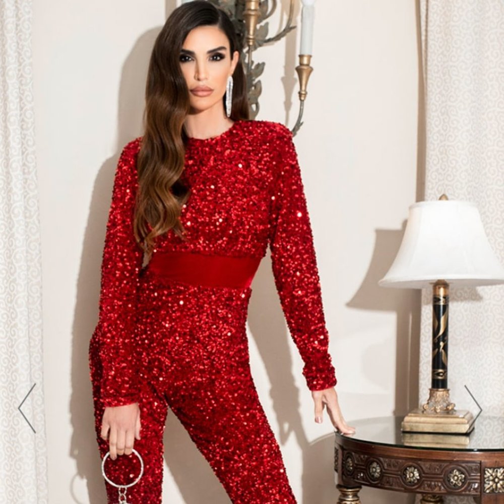 Prettylittlething Red Sequin Jumpsuit